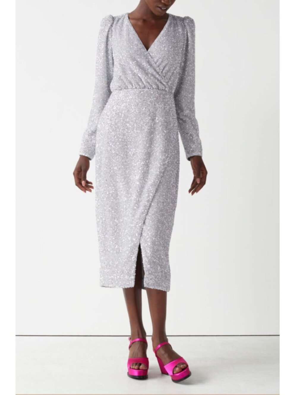 & Other Stories Sequin Fitted Wrap Midi Dress